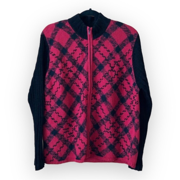 Coldwater Creek Red Tartan Plaid Cardigan Zipper Sweater NWT - Picture 1 of 4